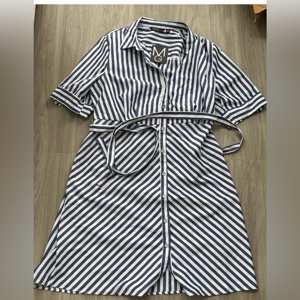 Mlle Gabrielle blue and white striped dress NWT
